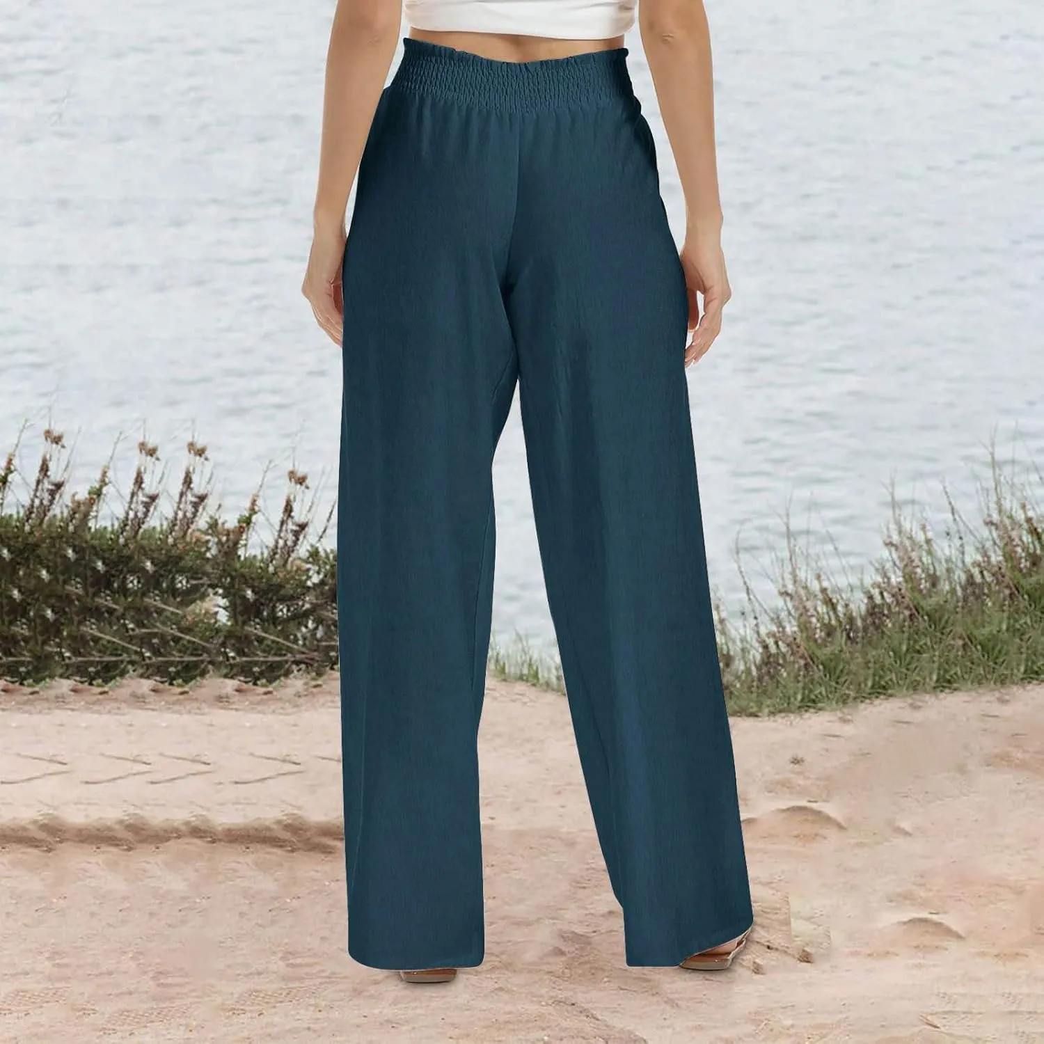 Cotton Linen Pants for Women Casual Loose Fit Elastic Waist Pants Fashion Solid Color Lounge Wide Leg Trousers