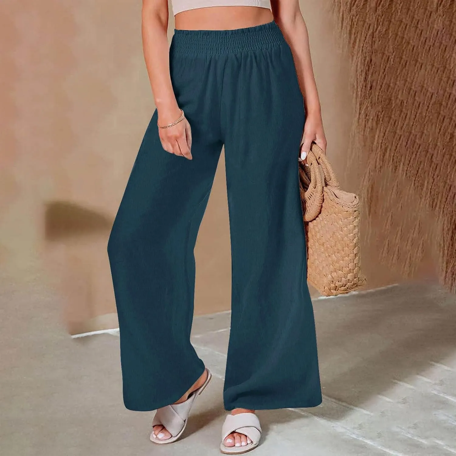 Cotton Linen Pants for Women Casual Loose Fit Elastic Waist Pants Fashion Solid Color Lounge Wide Leg Trousers