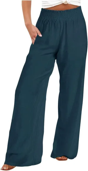 Cotton Linen Pants for Women Casual Loose Fit Elastic Waist Pants Fashion Solid Color Lounge Wide Leg Trousers