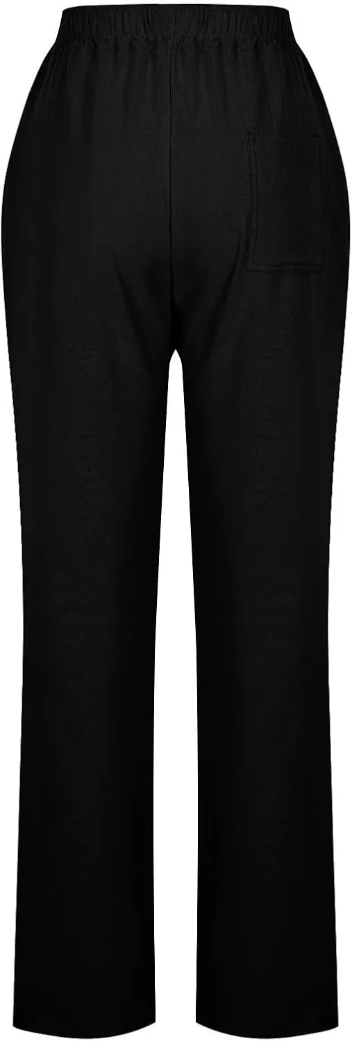 Cotton Linen Pants for Women Loose Fit Drawstring Elastic High Waist Casual Trouser Solid Lounge Pants with Pockets