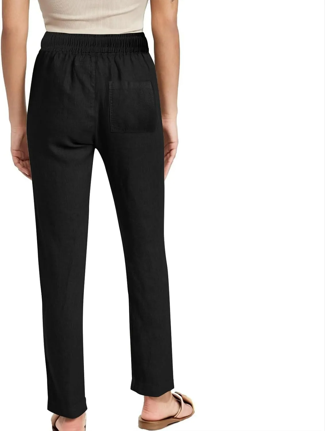 Cotton Linen Pants for Women Loose Fit Drawstring Elastic High Waist Casual Trouser Solid Lounge Pants with Pockets