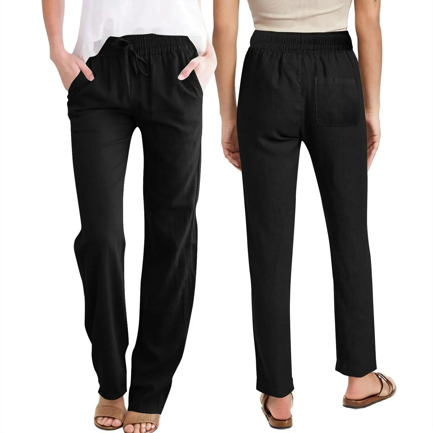 Cotton Linen Pants for Women Loose Fit Drawstring Elastic High Waist Casual Trouser Solid Lounge Pants with Pockets