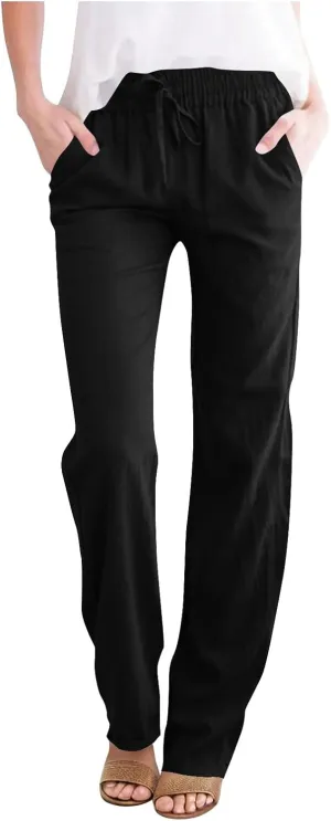 Cotton Linen Pants for Women Loose Fit Drawstring Elastic High Waist Casual Trouser Solid Lounge Pants with Pockets