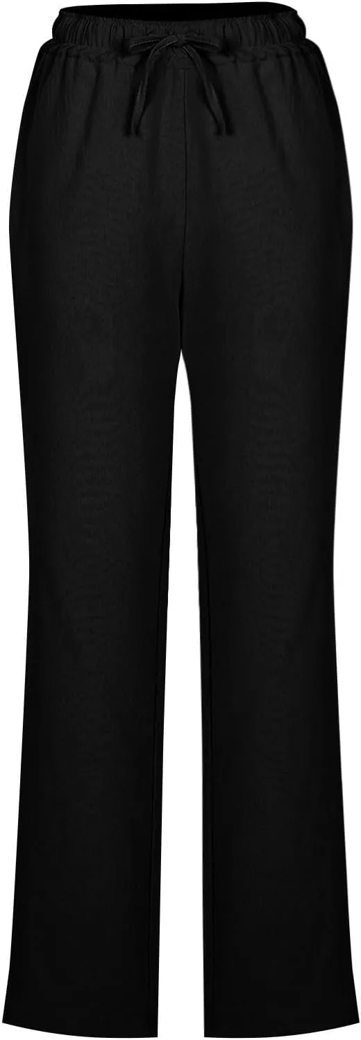 Cotton Linen Pants for Women Loose Fit Drawstring Elastic High Waist Casual Trouser Solid Lounge Pants with Pockets