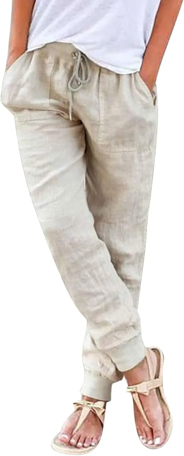 Cotton Linen Pants for Women Summer Causal Baggy Wide Leg Pants Loose Solid Drawstring Elastic High Waist Beach Trouser
