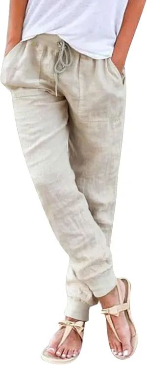 Cotton Linen Pants for Women Summer Causal Baggy Wide Leg Pants Loose Solid Drawstring Elastic High Waist Beach Trouser