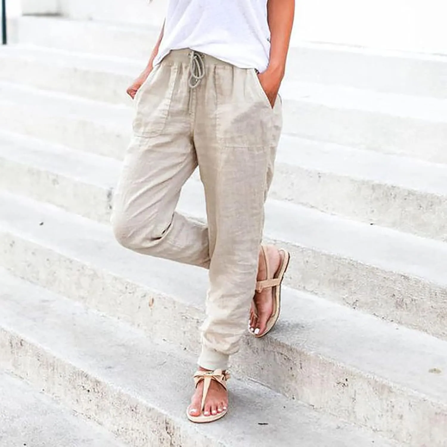Cotton Linen Pants for Women Summer Causal Baggy Wide Leg Pants Loose Solid Drawstring Elastic High Waist Beach Trouser