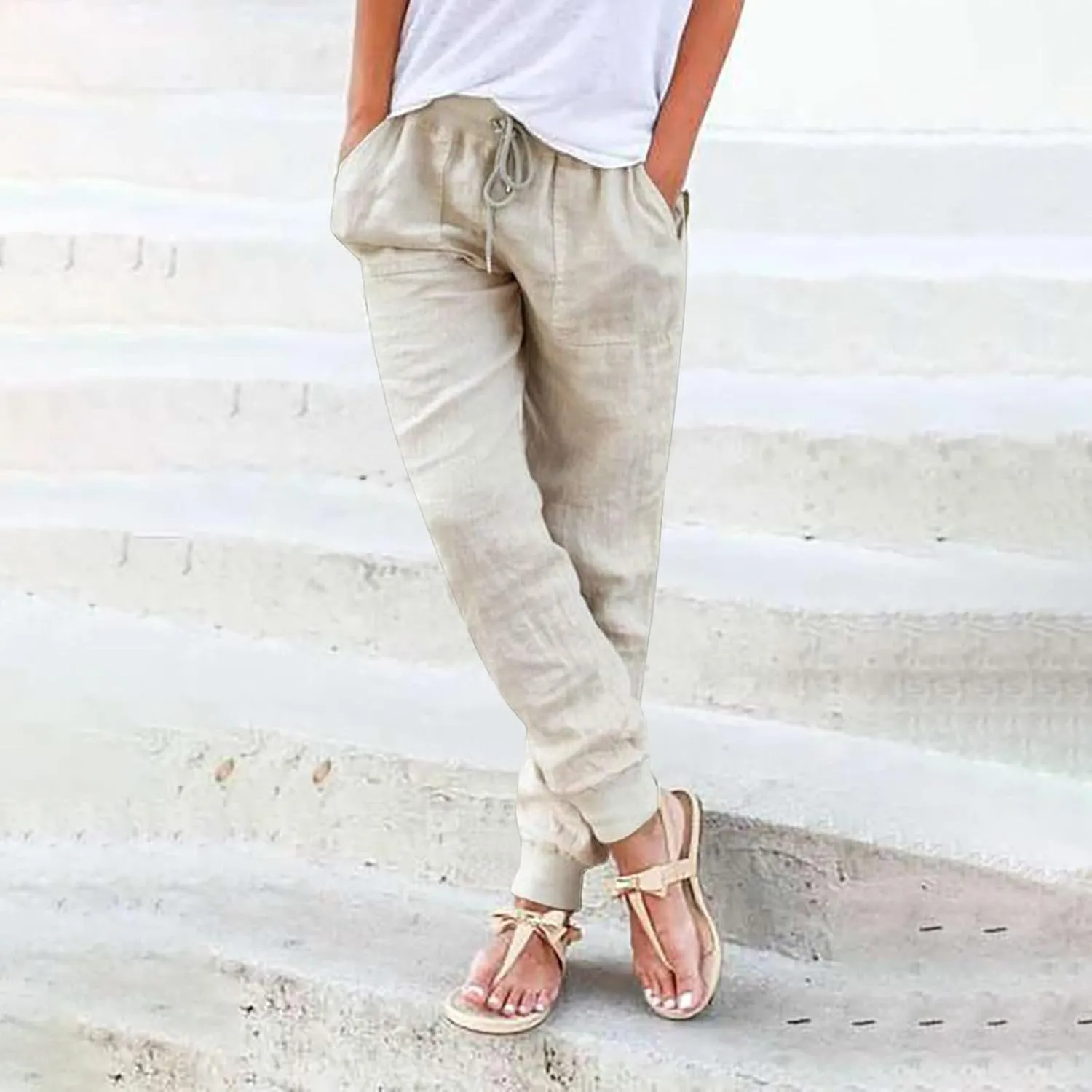 Cotton Linen Pants for Women Summer Causal Baggy Wide Leg Pants Loose Solid Drawstring Elastic High Waist Beach Trouser