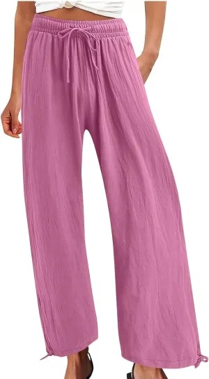Cotton Linen Pants for Womens Casual Loose Drawstring Elastic Waist Pants Fashion Wide Leg Trousers with Pocket