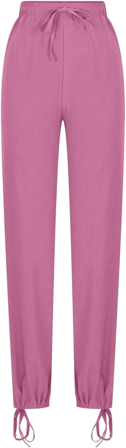 Cotton Linen Pants for Womens Casual Loose Drawstring Elastic Waist Pants Fashion Wide Leg Trousers with Pocket