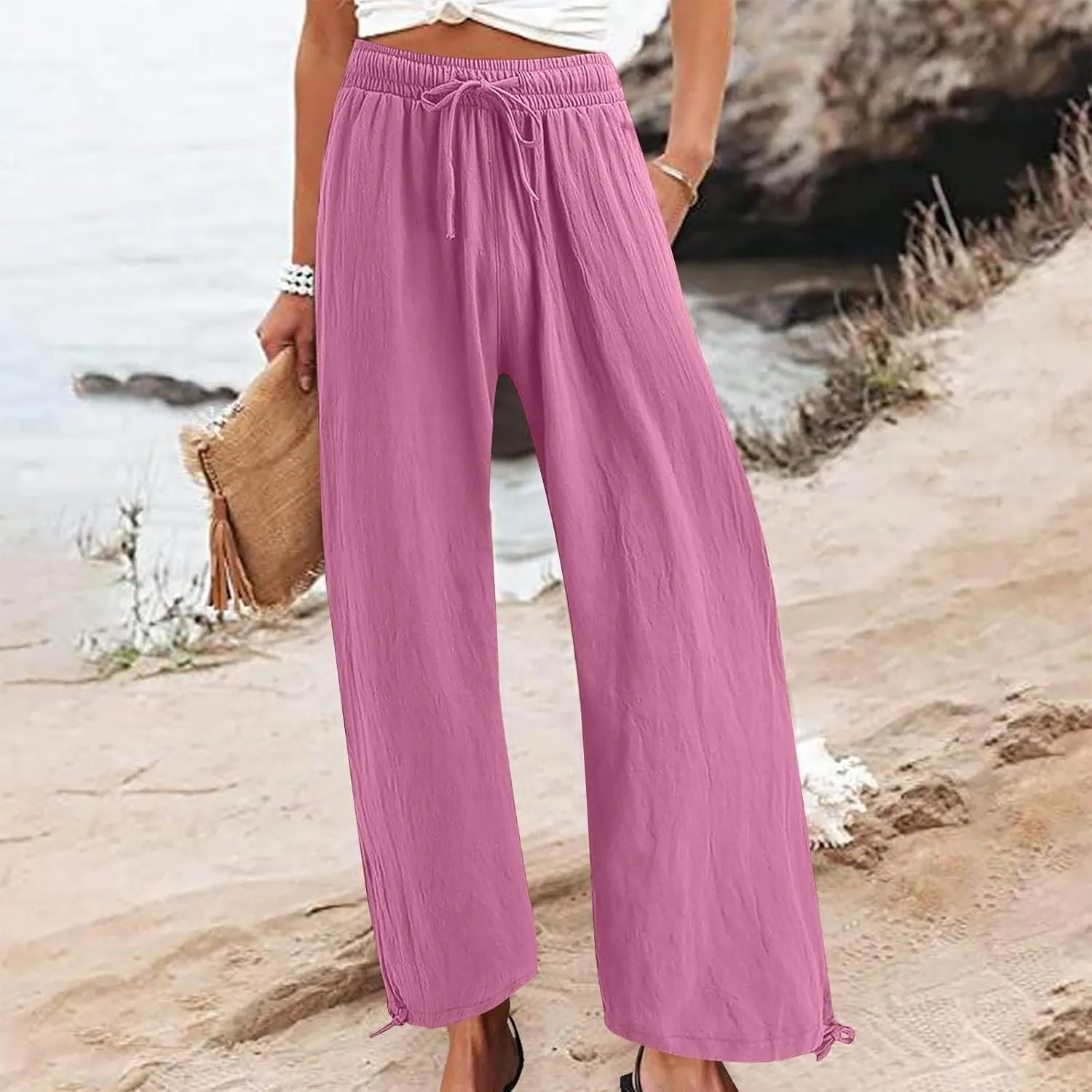 Cotton Linen Pants for Womens Casual Loose Drawstring Elastic Waist Pants Fashion Wide Leg Trousers with Pocket