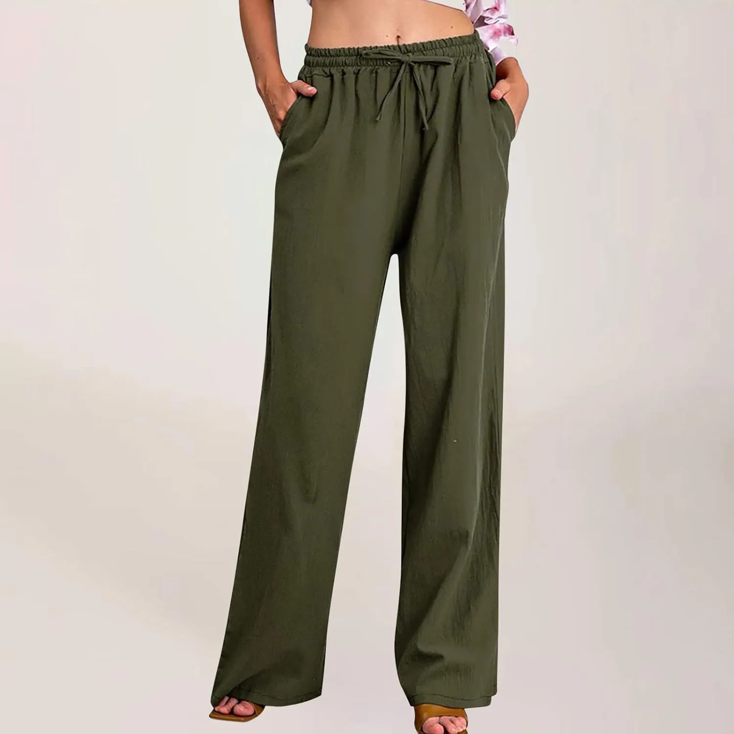 Cotton Linen Pants Women Summer 2025 Drawstring Elastic Waist Wide Leg Casual Beach Trouser Loose Lounge Palazzo Pant