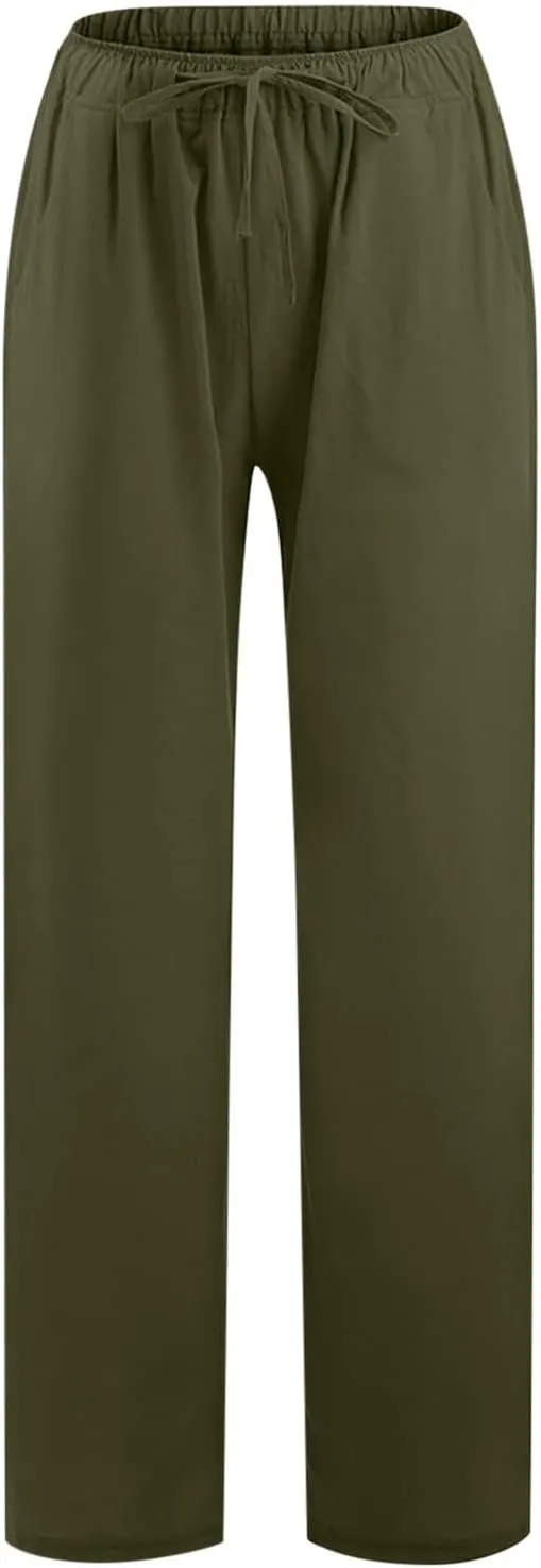 Cotton Linen Pants Women Summer 2025 Drawstring Elastic Waist Wide Leg Casual Beach Trouser Loose Lounge Palazzo Pant