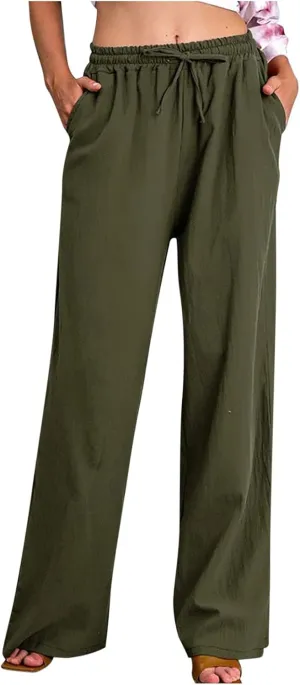 Cotton Linen Pants Women Summer 2025 Drawstring Elastic Waist Wide Leg Casual Beach Trouser Loose Lounge Palazzo Pant