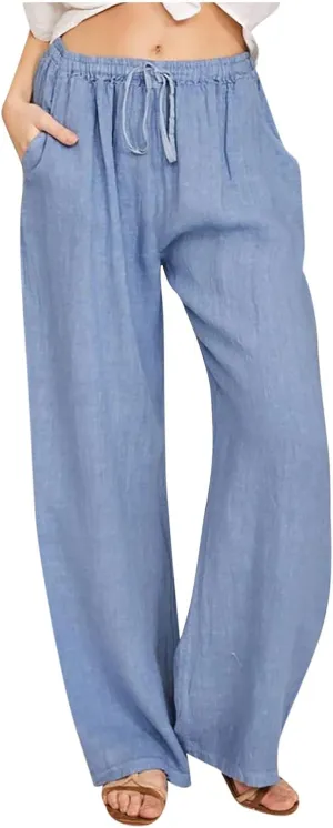 Cotton Linen Summer Pants Women Trendy Casual High Waist Drawstring Loose Fit Lightweight Long Palazzo Gauze Trousers