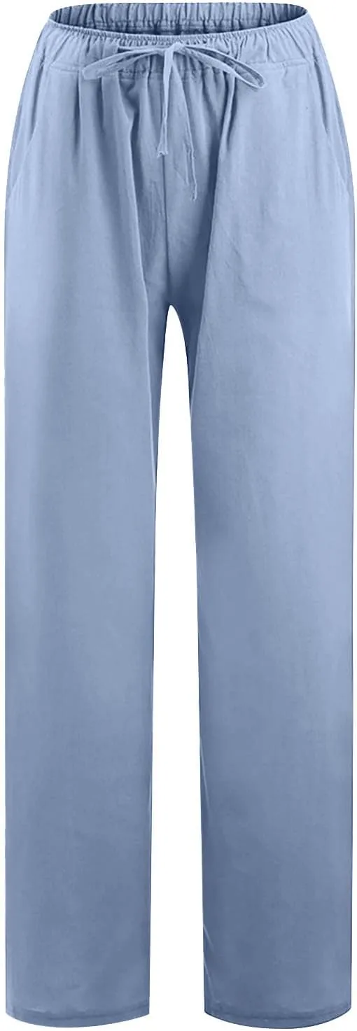 Cotton Linen Summer Pants Women Trendy Casual High Waist Drawstring Loose Fit Lightweight Long Palazzo Gauze Trousers