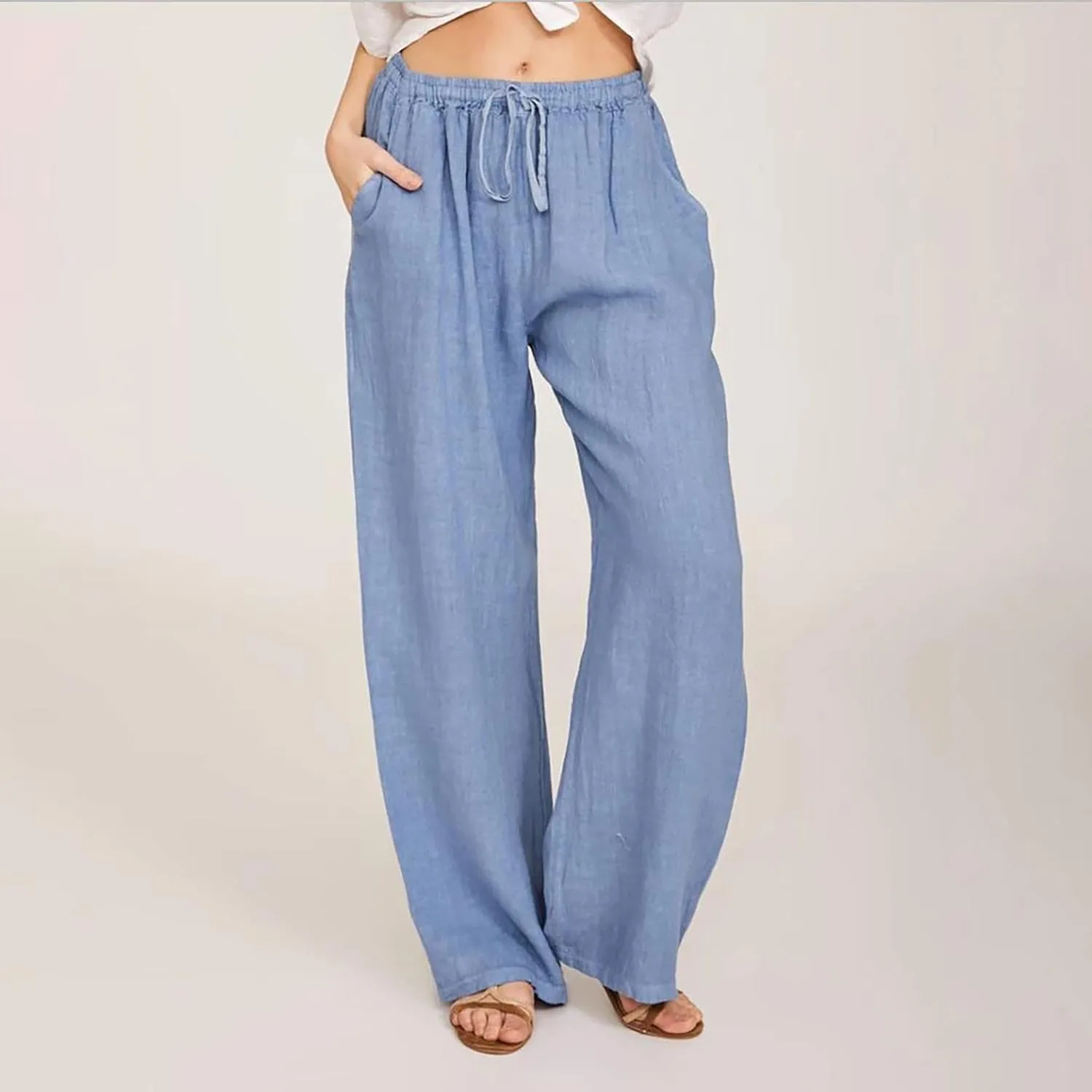 Cotton Linen Summer Pants Women Trendy Casual High Waist Drawstring Loose Fit Lightweight Long Palazzo Gauze Trousers