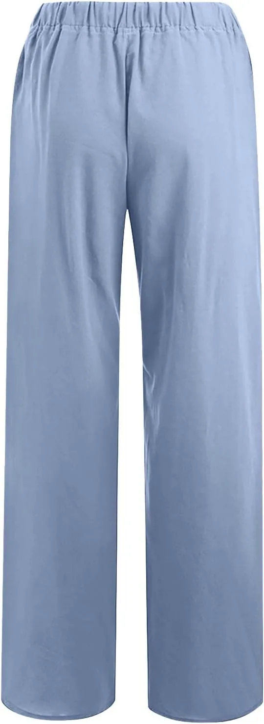 Cotton Linen Summer Pants Women Trendy Casual High Waist Drawstring Loose Fit Lightweight Long Palazzo Gauze Trousers