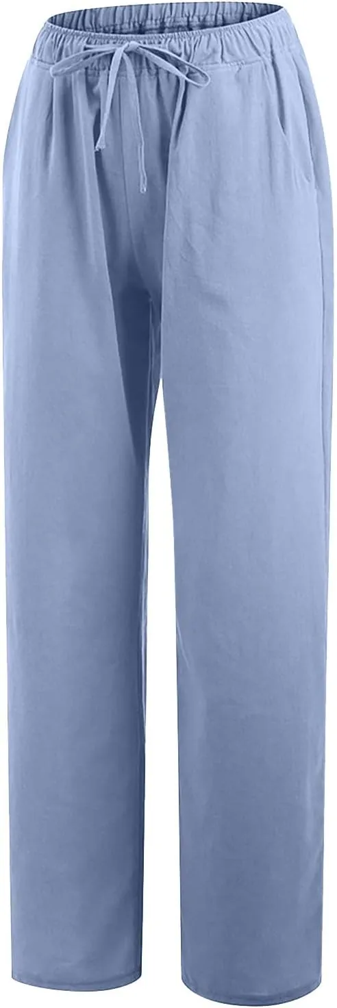 Cotton Linen Summer Pants Women Trendy Casual High Waist Drawstring Loose Fit Lightweight Long Palazzo Gauze Trousers