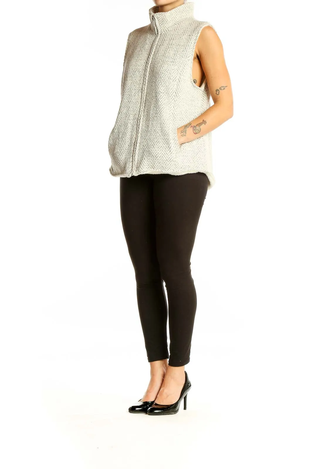 Cream Herringbone Textured Zip-Up Vest
