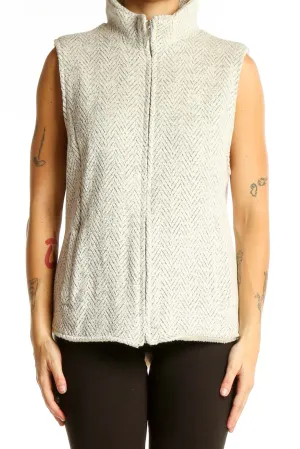 Cream Herringbone Textured Zip-Up Vest