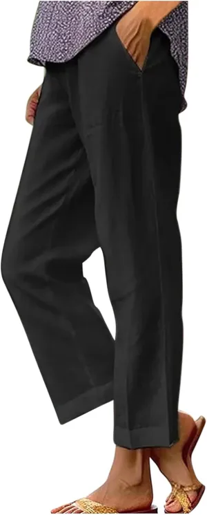 Cropped Linen Pants for Women Casual Lightweight Summer Pant Elastic Waist Plus Size Hiking Beach Trousers with Pocket