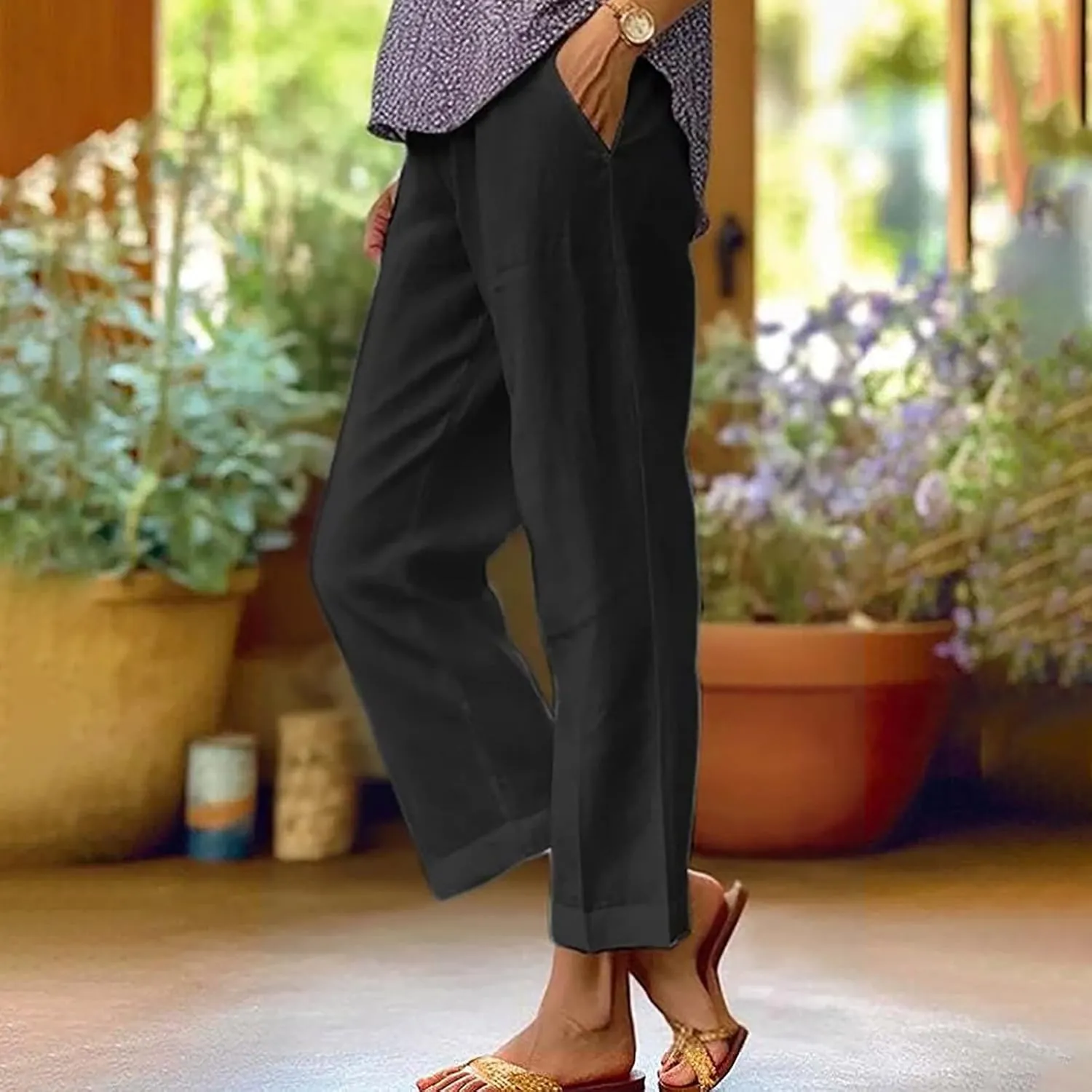 Cropped Linen Pants for Women Casual Lightweight Summer Pant Elastic Waist Plus Size Hiking Beach Trousers with Pocket