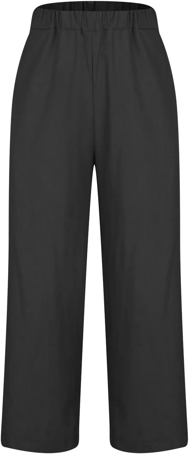 Cropped Linen Pants for Women Casual Lightweight Summer Pant Elastic Waist Plus Size Hiking Beach Trousers with Pocket