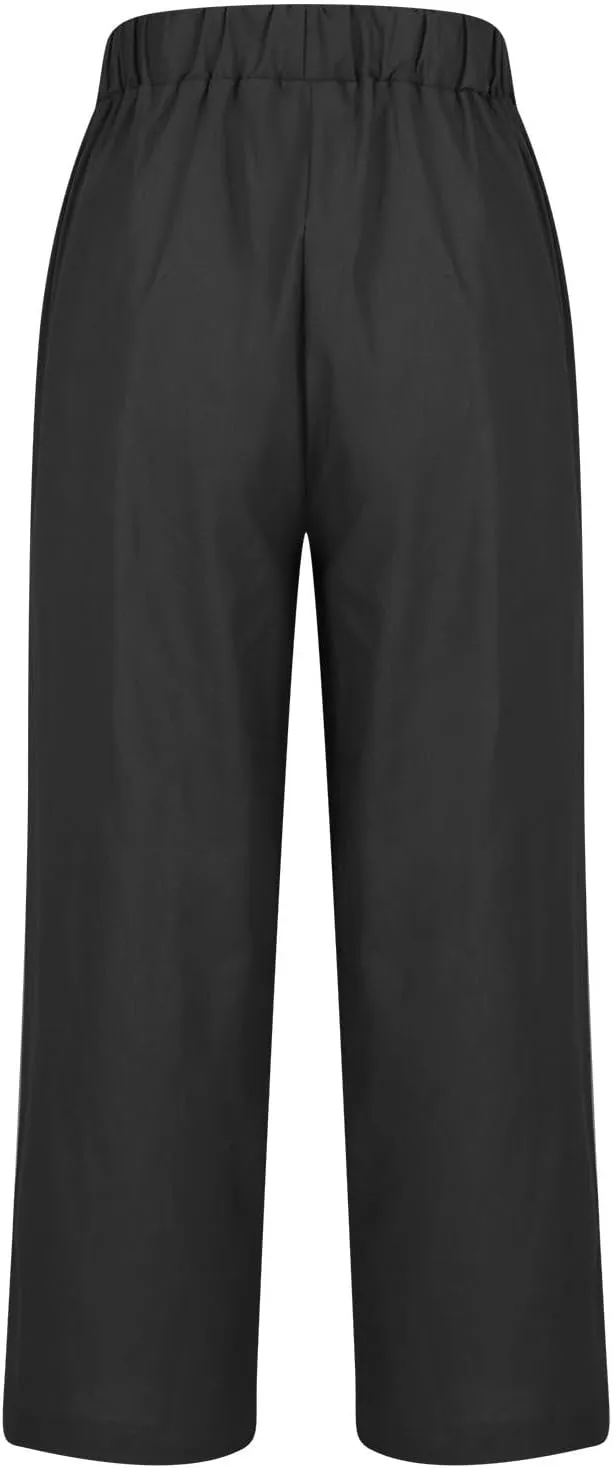Cropped Linen Pants for Women Casual Lightweight Summer Pant Elastic Waist Plus Size Hiking Beach Trousers with Pocket