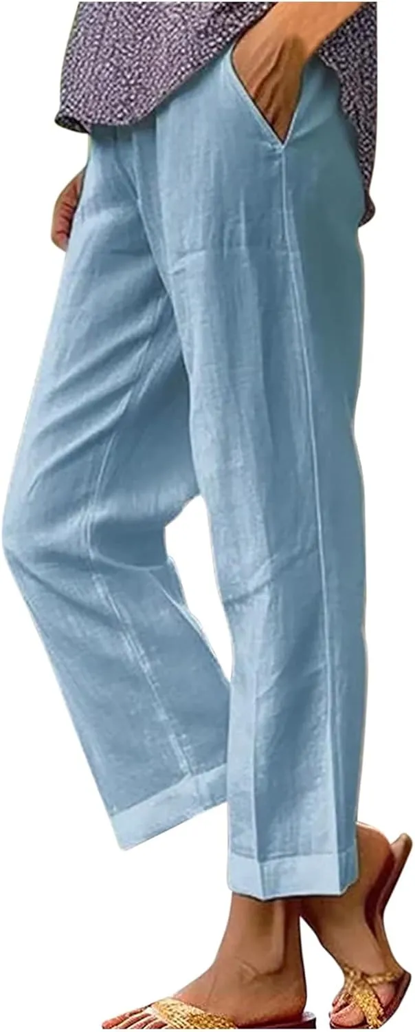 Cropped Linen Pants for Women Summer Elastic Waist Crop Pants Casual Beach Straight Leg Trousers with Pockets