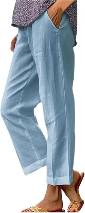 Cropped Linen Pants for Women Summer Elastic Waist Crop Pants Casual Beach Straight Leg Trousers with Pockets