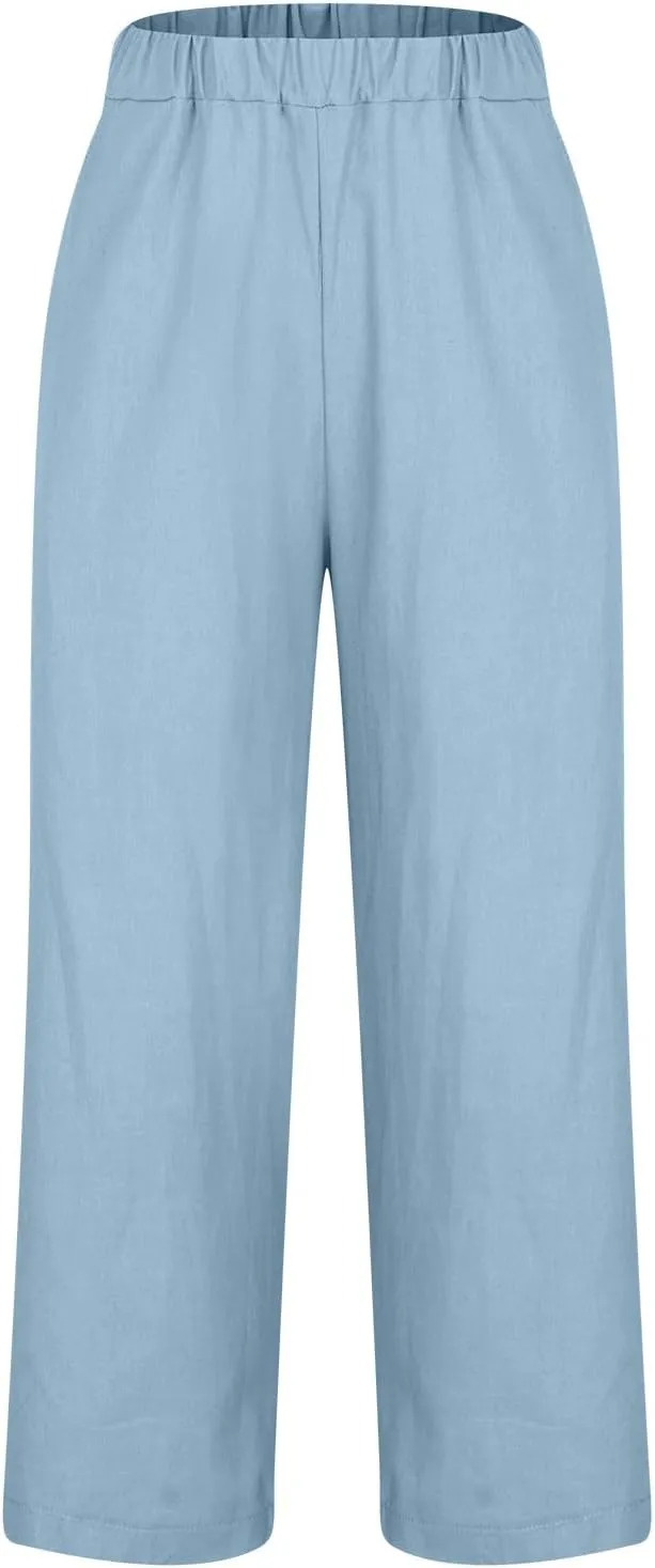Cropped Linen Pants for Women Summer Elastic Waist Crop Pants Casual Beach Straight Leg Trousers with Pockets