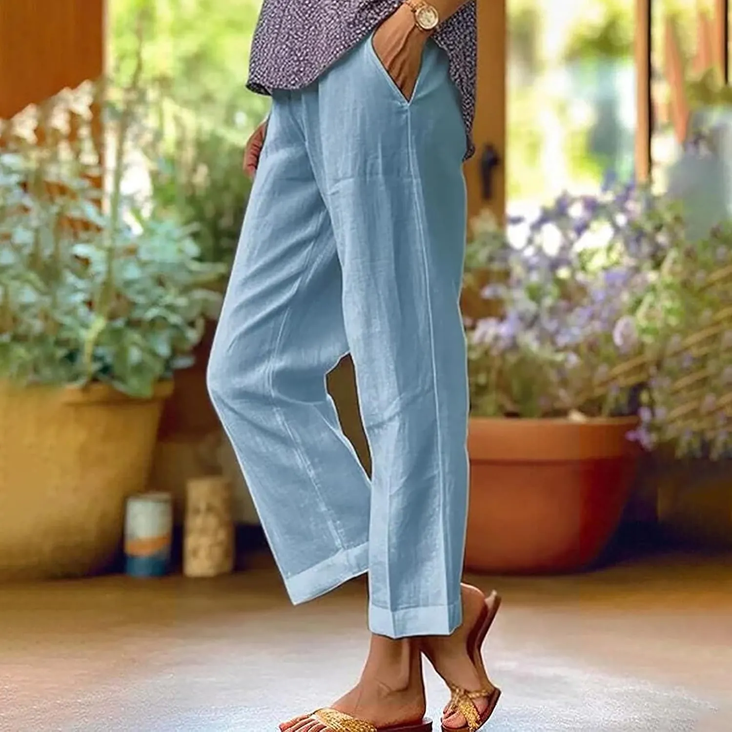 Cropped Linen Pants for Women Summer Elastic Waist Crop Pants Casual Beach Straight Leg Trousers with Pockets