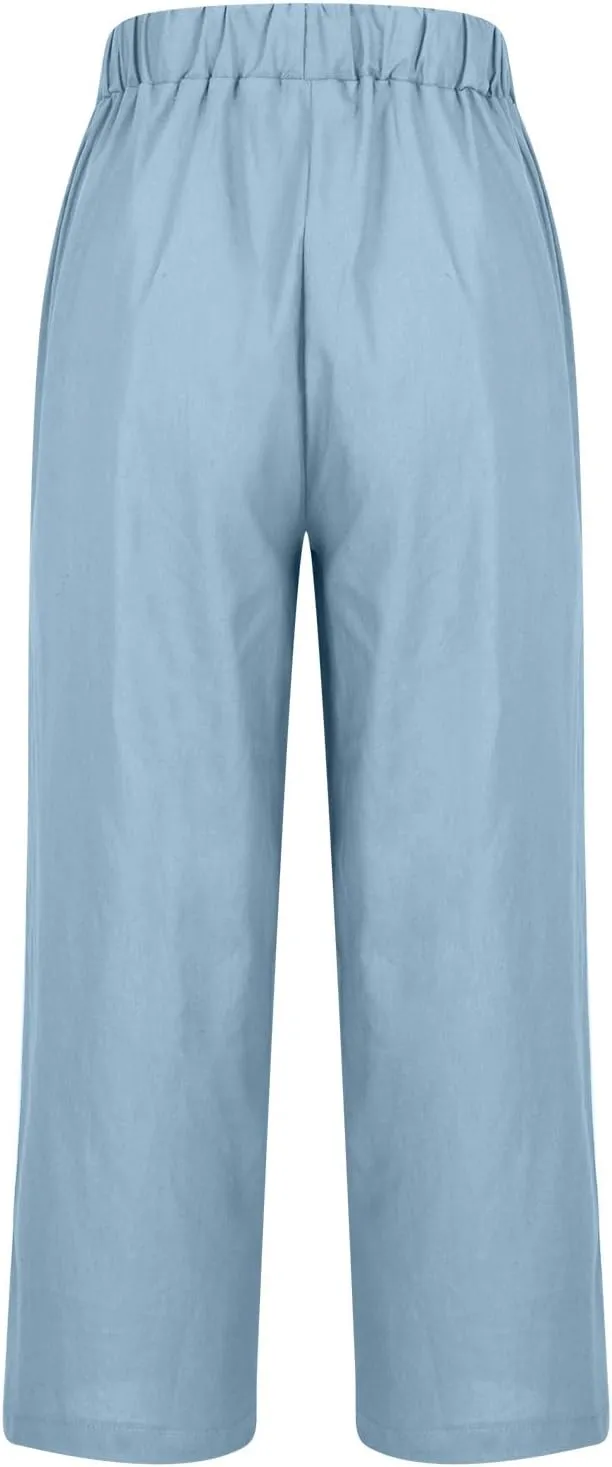 Cropped Linen Pants for Women Summer Elastic Waist Crop Pants Casual Beach Straight Leg Trousers with Pockets