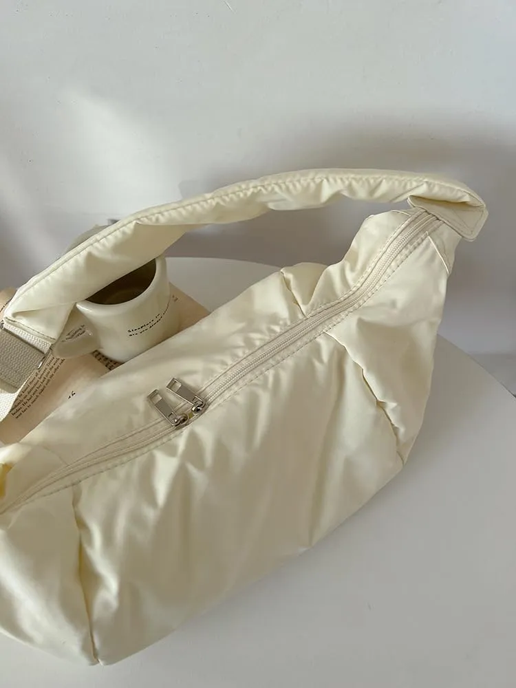 Crossbody Bag for Women Men Trendy Large Crescent Bag with Adjustable Strap Puffer Shoulder Bag Hobo,Bageveryday Bag (Beige,Large)