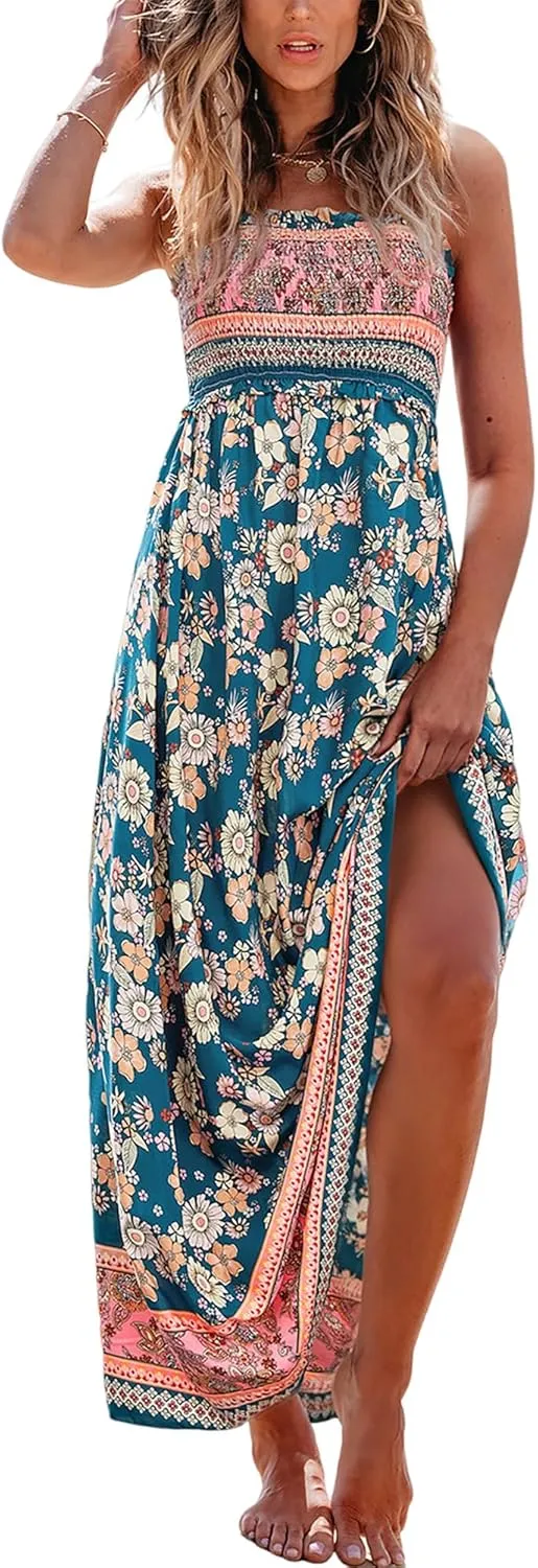 CUPSHE Women's Maxi Dress Ditsy Floral Smocked Summer Sundress Sleeveless Ruffled Spaghetti Straps Long Beach Formal Dress