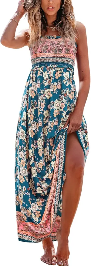 CUPSHE Women's Maxi Dress Ditsy Floral Smocked Summer Sundress Sleeveless Ruffled Spaghetti Straps Long Beach Formal Dress