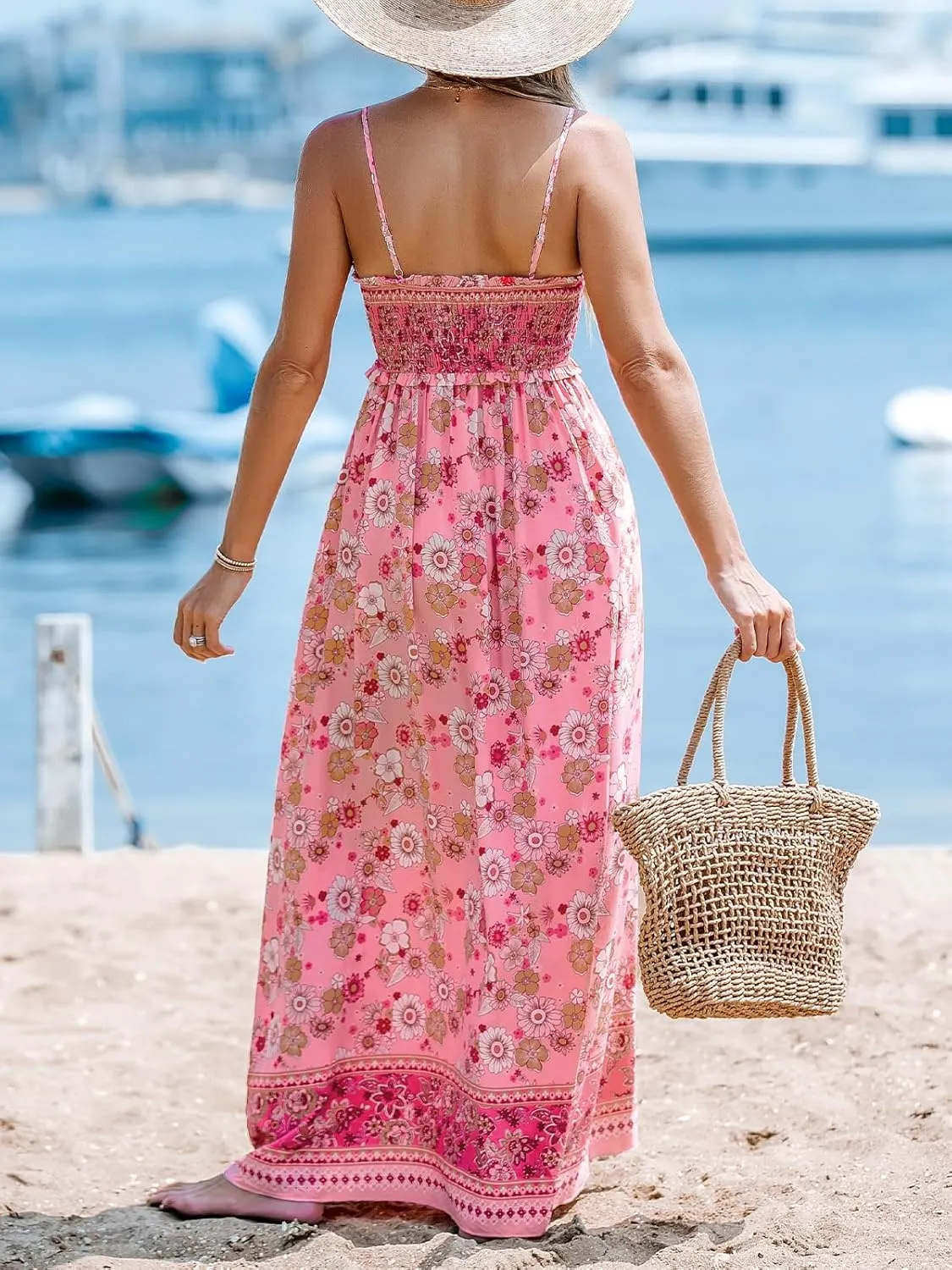 CUPSHE Women's Maxi Dress Ditsy Floral Smocked Summer Sundress Sleeveless Ruffled Spaghetti Straps Long Beach Formal Dress