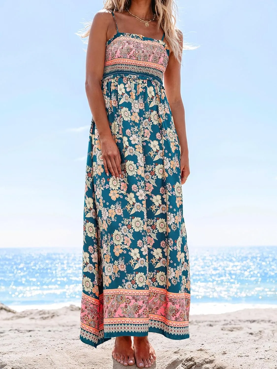 CUPSHE Women's Maxi Dress Ditsy Floral Smocked Summer Sundress Sleeveless Ruffled Spaghetti Straps Long Beach Formal Dress