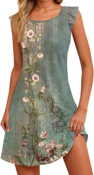 Cute Dresses for Women Spring Summer Floral Printed Crew Neck Ruffled Sleeves Midi Beach Sundress Loose Daily Dress