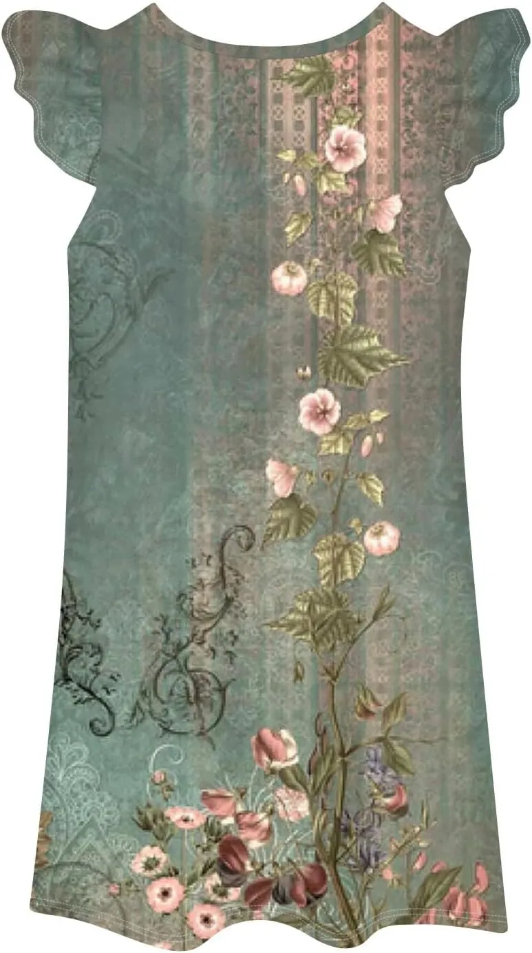 Cute Dresses for Women Spring Summer Floral Printed Crew Neck Ruffled Sleeves Midi Beach Sundress Loose Daily Dress