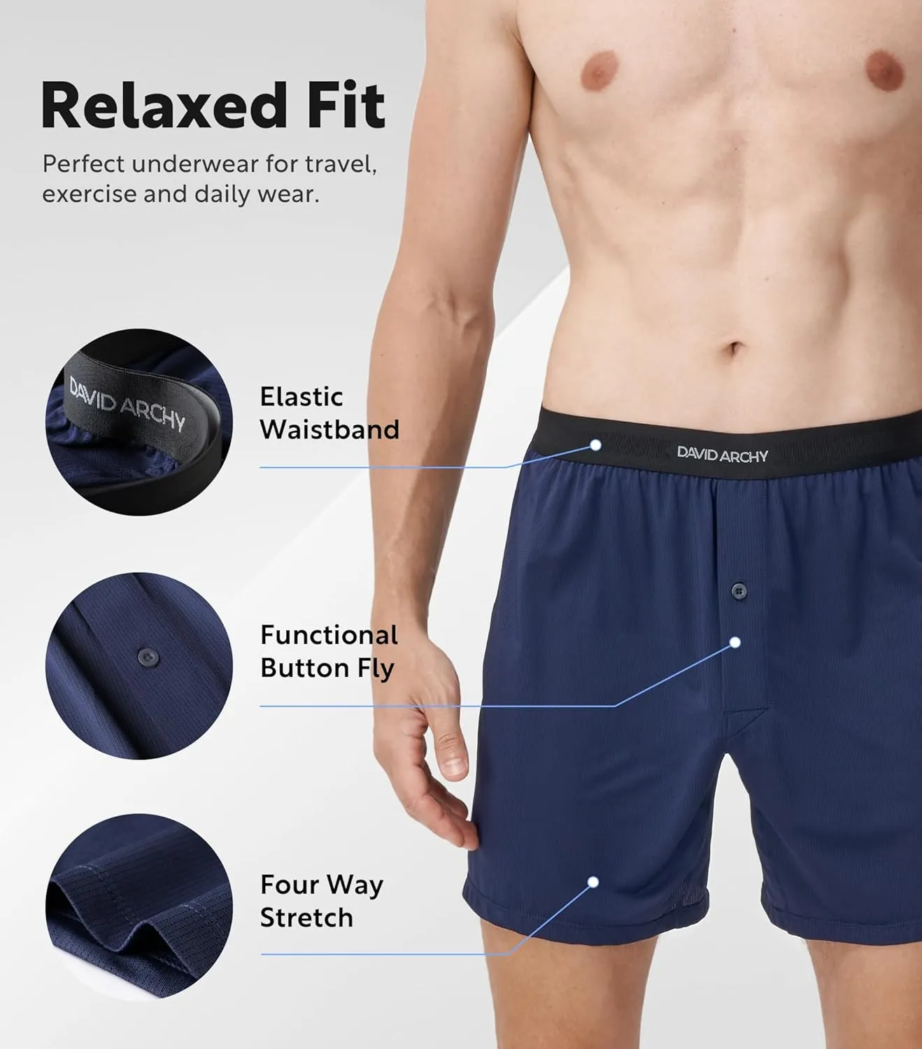 DAVID ARCHY Mens Boxer Shorts Underwear Quick Dry Breathable Mens Boxers Moisture Wicking Boxers for Men 3 or 5 Pack