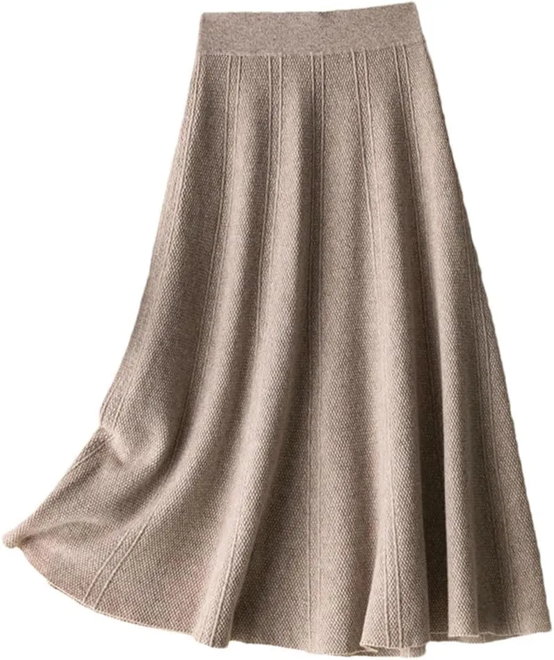 DBFBDTU Womens Wool Skirt Knitted Ribbed Knit A-Line Skirts Pleated Knit Sweater Midi Skirts