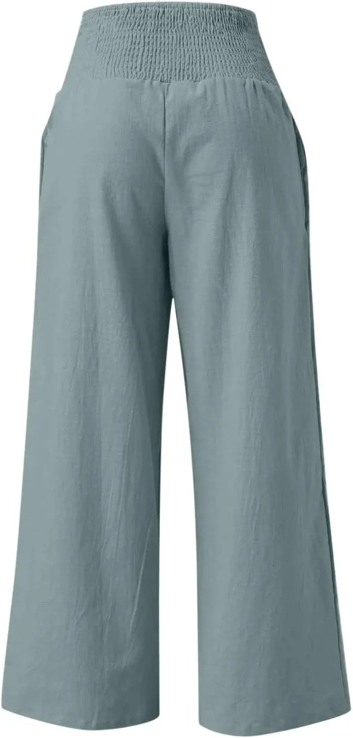 DDAPJ pyju Women Linen Palazzo Pants 2025 Summer High Waisted Wide Leg Lounge Pant Pleated Beach Travel Trousers with Pockets