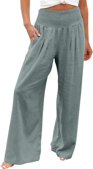 DDAPJ pyju Women Linen Palazzo Pants 2025 Summer High Waisted Wide Leg Lounge Pant Pleated Beach Travel Trousers with Pockets
