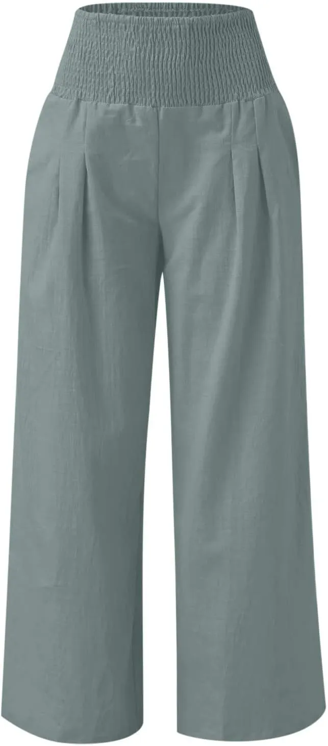 DDAPJ pyju Women Linen Palazzo Pants 2025 Summer High Waisted Wide Leg Lounge Pant Pleated Beach Travel Trousers with Pockets