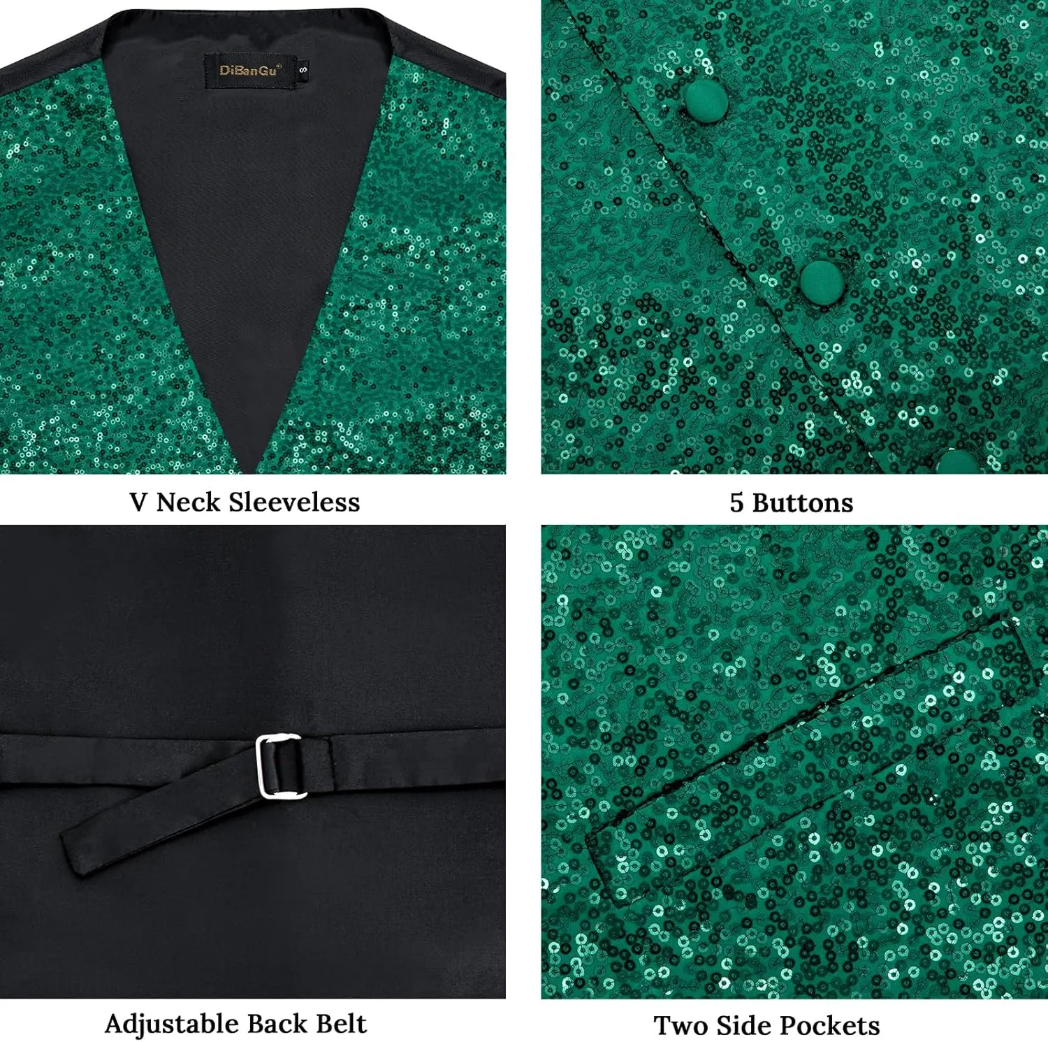 DiBanGu Mens Sequin Suit Vest and Tie Set, Shiny Dress Waistcoat & Bowtie with Tie Clip Lapel Pin for Party Prom Wedding