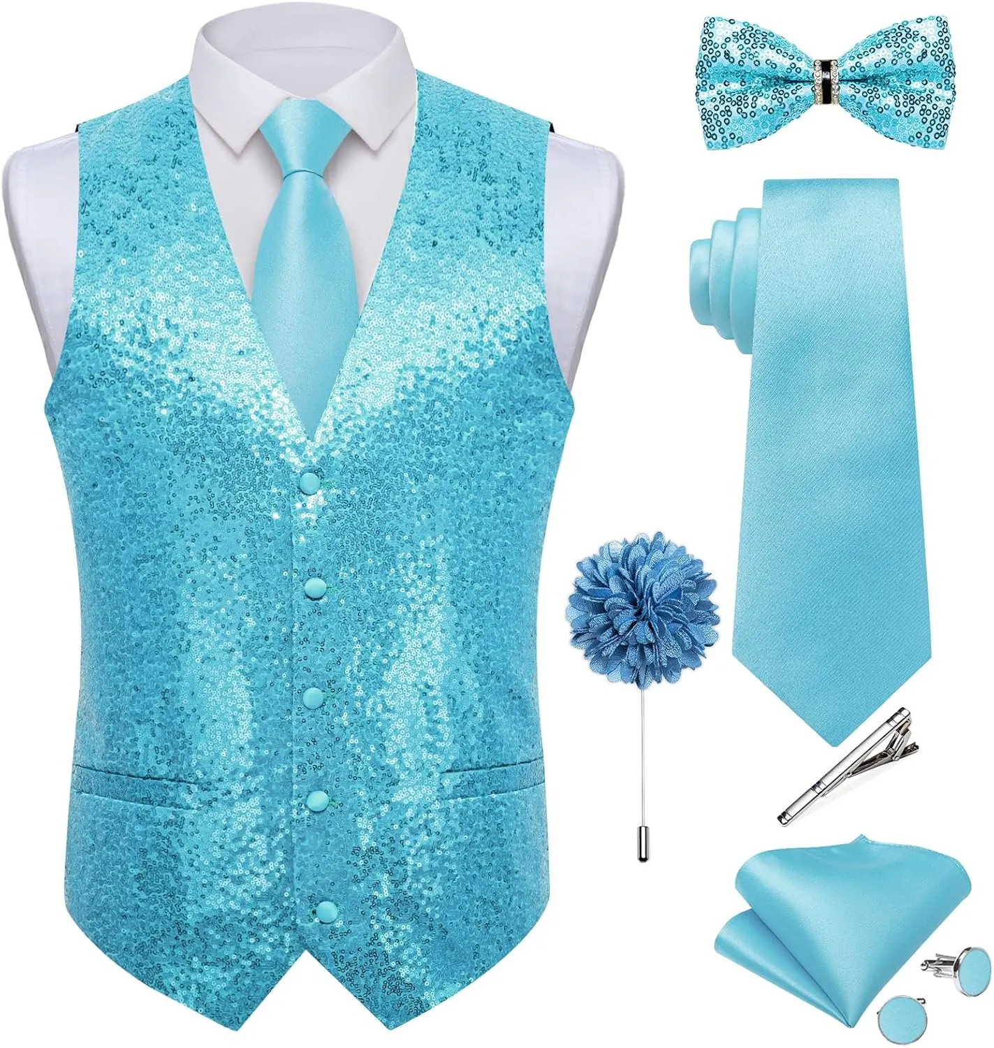DiBanGu Mens Sequin Suit Vest and Tie Set, Shiny Dress Waistcoat & Bowtie with Tie Clip Lapel Pin for Party Prom Wedding