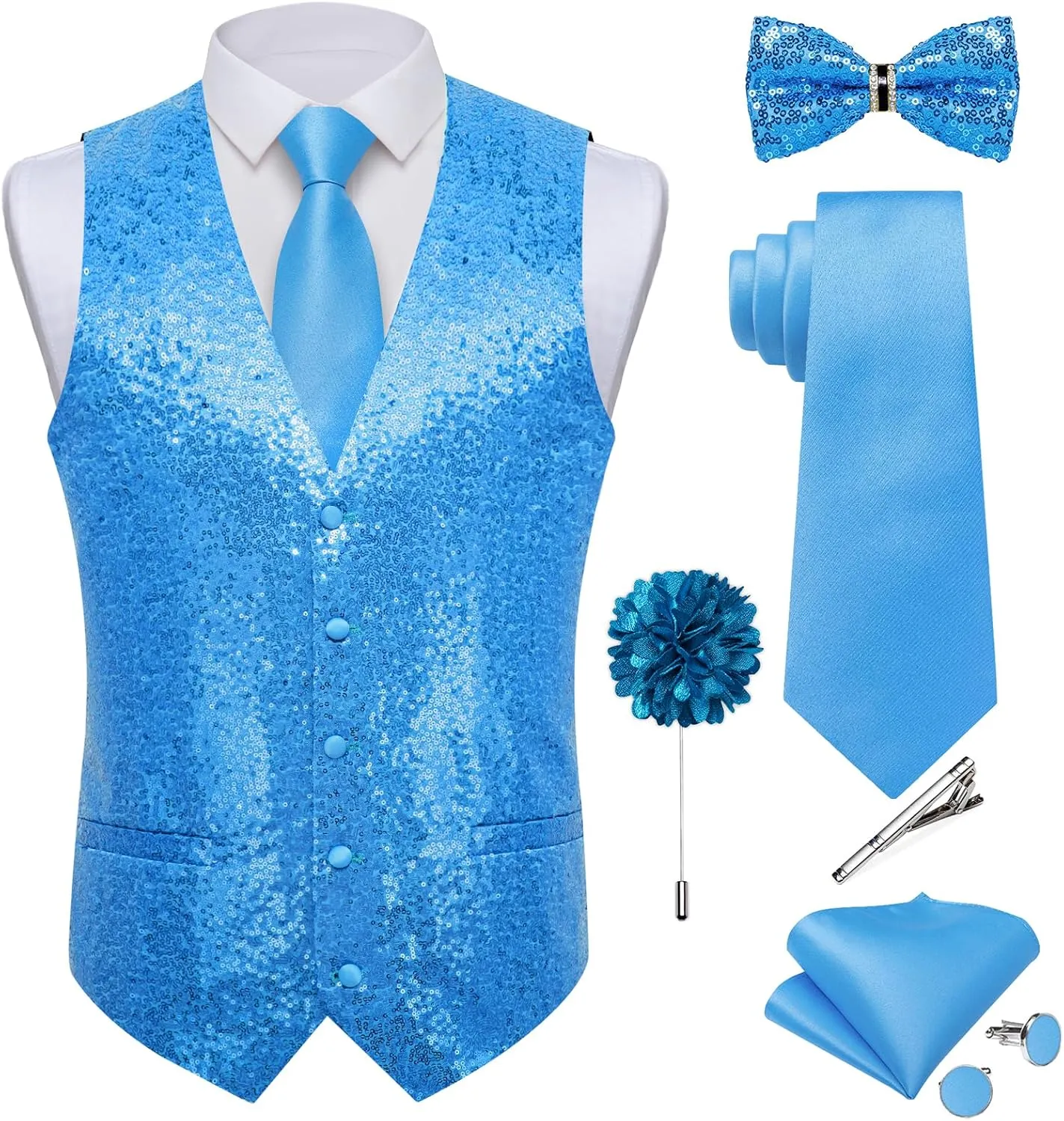 DiBanGu Mens Sequin Suit Vest and Tie Set, Shiny Dress Waistcoat & Bowtie with Tie Clip Lapel Pin for Party Prom Wedding