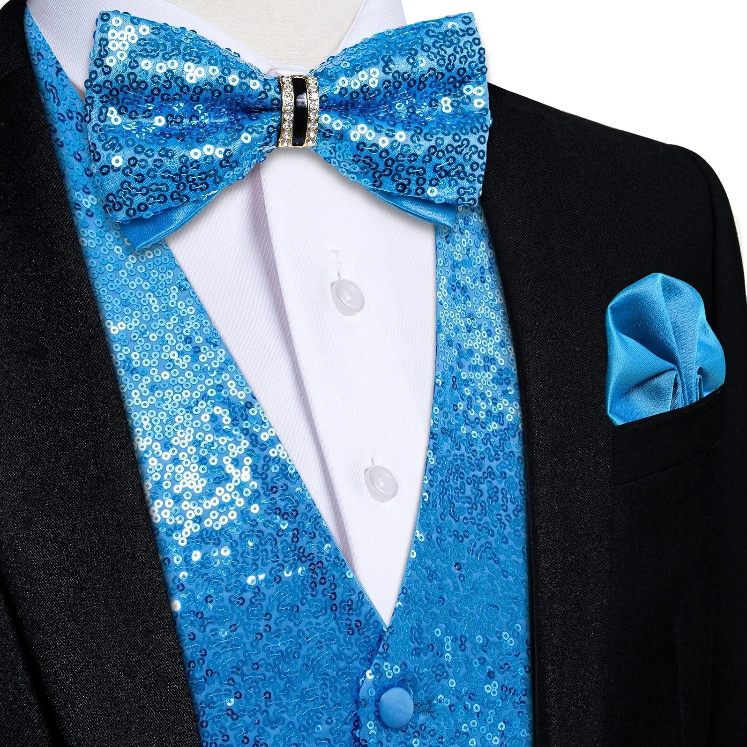 DiBanGu Mens Sequin Suit Vest and Tie Set, Shiny Dress Waistcoat & Bowtie with Tie Clip Lapel Pin for Party Prom Wedding